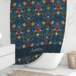 Cortina Para Box Arte Popular Escandinava Padrão Floral Azul