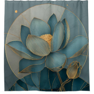 Cortina Para Box Arte Zen Geométrica de Linha Flor de Lótus Dourada