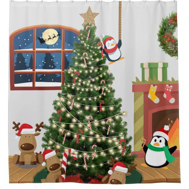 Cortina Para Box Árvore de Natal Reindeer Penguin Candy Cane (Frente)