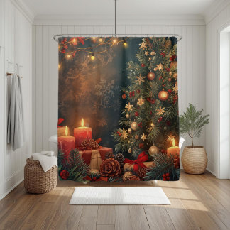 Cortina Para Box Árvore de Natal Vintage e Vela