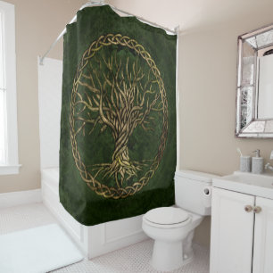Cortina Para Box Árvore de vida - Yggdrasil - verde e ouro