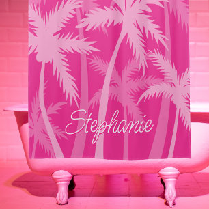 Cortina Para Box Árvore Palm Rosa Quente Magenta Fuchsia Monograma