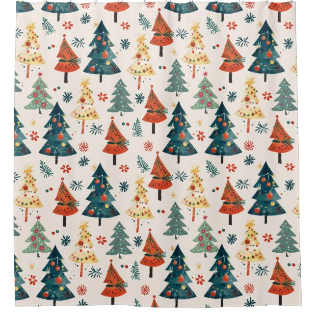 Cortina Para Box Árvores de Natal Pinheiro Colorido Padrão Sem Cost (Frente)