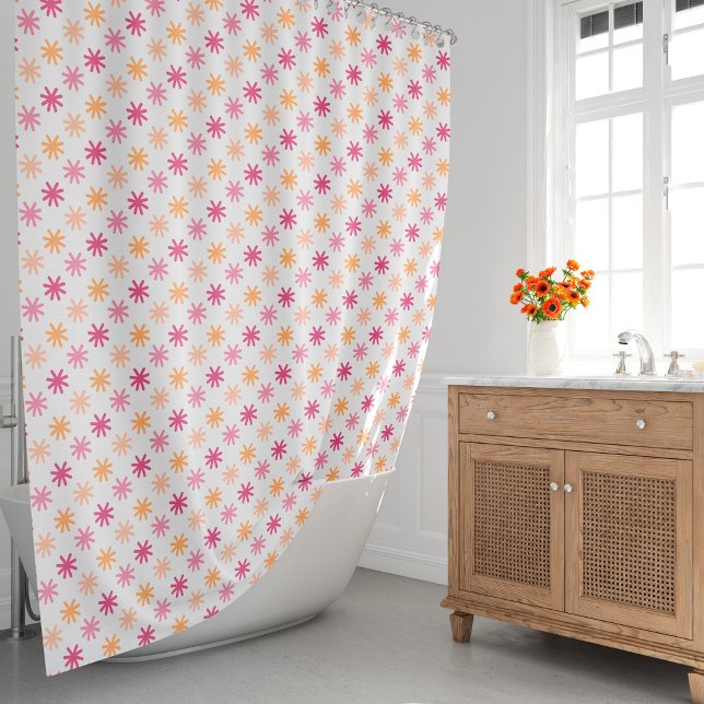 Cortina Para Box Asterisco bonito - Pinks e Laranjas (This cute asterisks pattern in pinks and oranges colors will make your bath an enchanting place.)
