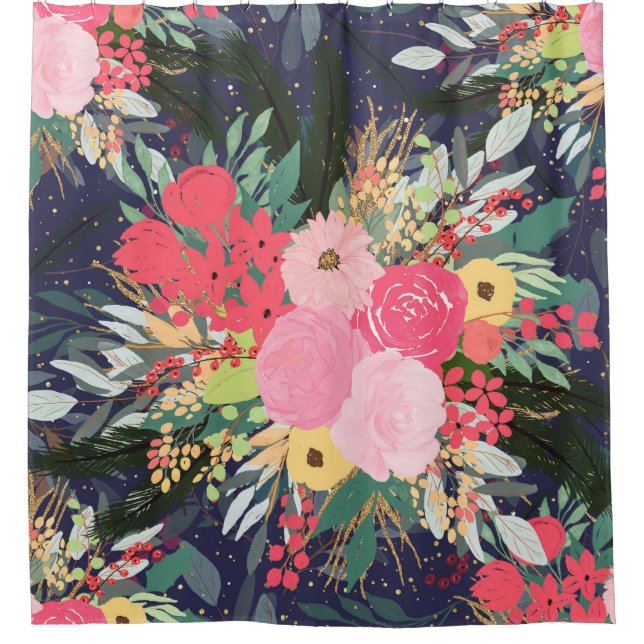 Cortina Para Box Aura Winter Floral e Dourados Pontos Elegantes (Frente)