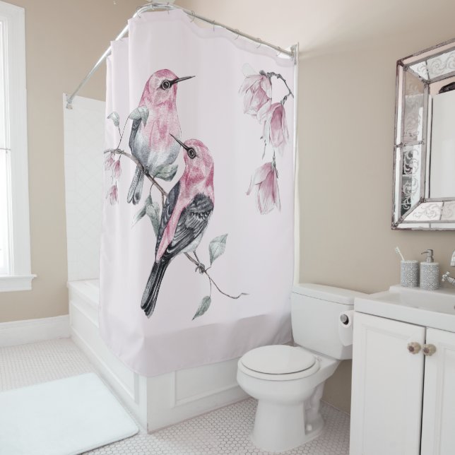 Cortina Para Box Aves e Florais Rosa em Aquarela (In Situ)