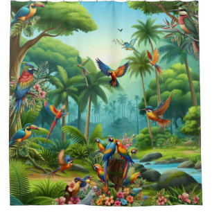 Cortina Para Box Aves Tropicais Coloridas entre Planta Vibrante, Lu