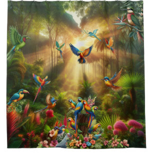 Cortina Para Box Aves Tropicais Coloridas entre Planta Vibrante, Lu