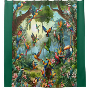 Cortina Para Box Aves Tropicais Coloridas entre Planta Vibrante, Lu