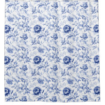 Azul Branco Floral Toile Francês Campo Aquarela