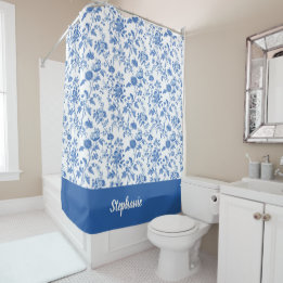 Cortina Para Box Azul Branco Floral Vintage Nome Personalizado
