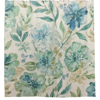 Cortina Para Box Azul Céu Verde Azul Bege Creme Floral Abstrato