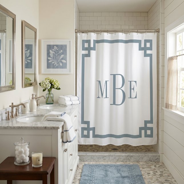 Cortina Para Box Azul Desbotado e Branco Greek Key | Monogramado (Criador carregado)