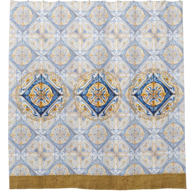 Cortina Para Box Azul Dourado Vietri Talavera Azulejo (Frente)
