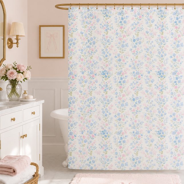 Cortina Para Box Azul Elegante Floral Rosa (elegant girly blue pink floral pattern shower curtain)