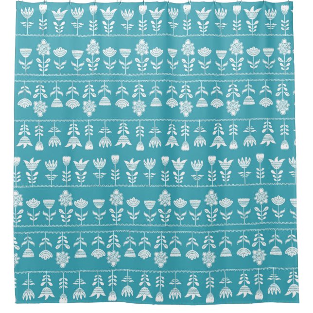 Cortina Para Box Azul escandinavo com flores brancas (Frente)