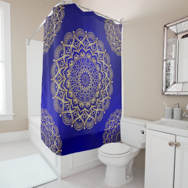 Cortina Para Box Azul Escuro e Elegante Dourado (In Situ)