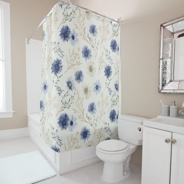 Cortina Para Box Azul Floral Branco   (In Situ)