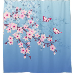 Cortina Para Box Azul floral do rosa das flores de cerejeira