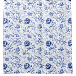 Cortina Para Box Azul Floral Toile Branco Aguarela País Francês