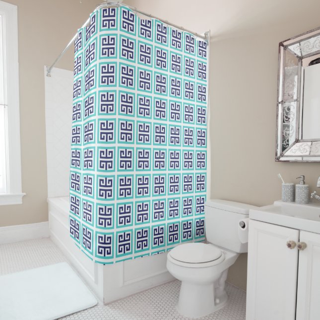 Cortina Para Box Azul Marinho Aqua Padrão Grego (In Situ)