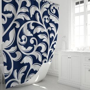 Cortina Para Box Azul Marinho Damasco Floral Vinha
