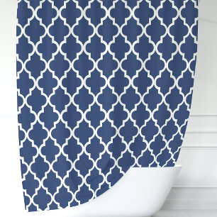 Cortina Para Box Azul Marinho e Branco Marroquino Quatrefoil