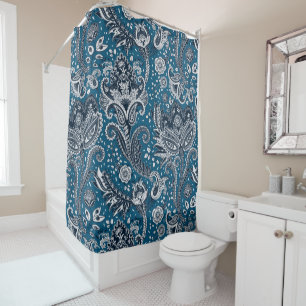 Cortina Para Box Azul Marinho e Floral Paisley Boêmio Boho Branco