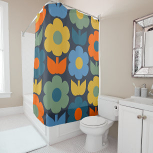 Cortina Para Box Azul Padrão Floral Moderno Retro Scandi Cute