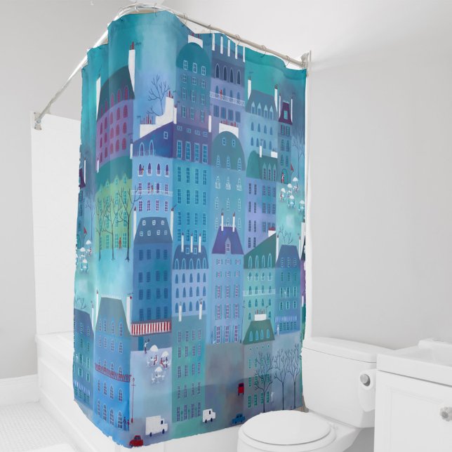 Cortina Para Box Azul Paris (Painting of Paris France in blue and green. French cityscape art shower curtain.)