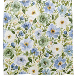 Cortina Para Box Azul Pastel e Floral Aquática Verde Sage