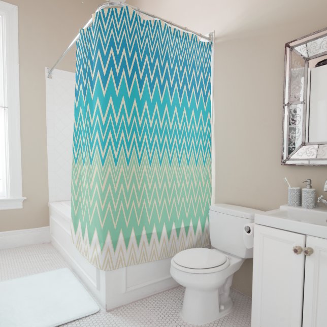 Cortina Para Box Azul Teal, Turquesa e Zigzags Verdes (In Situ)