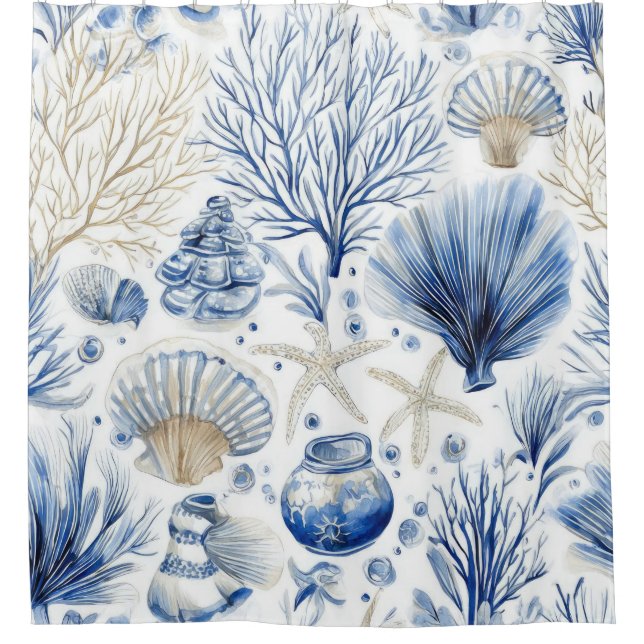 Cortina Para Box Azul Toalete Costeira Padrão Coral (2) (Frente)