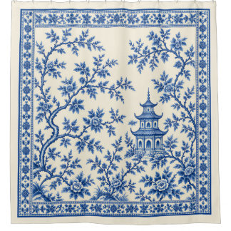 Cortina Para Box Azul Vintage Branco Chinoiserie Pagoda Floral