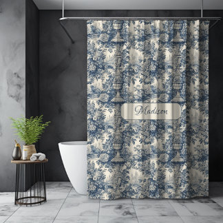 Cortina Para Box Azul Vintage Chic Toile Floral Monograma