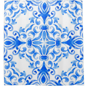 Cortina Para Box azulejo azul-abstrato e branco desenhado à mão sem