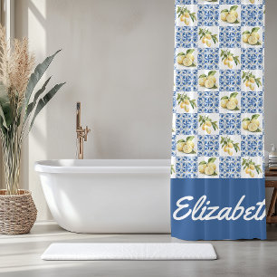 Cortina Para Box Azulejo Azul Francês Country Limão Nome Personaliz