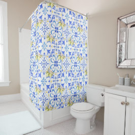 Cortina Para Box Azulejo Azul Francês Padrão de Limão Country
