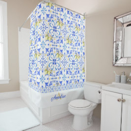 Cortina Para Box Azulejo Azul Francês País Padrão de Limão Monogram
