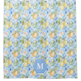 Cortina Para Box Azulejo Azul Mediterrâneo Limoncello Monograma Nom