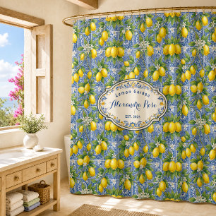 Cortina Para Box Azulejo Azul Nome Monograma País Francês Limão