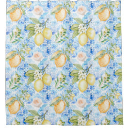 Cortina Para Box Azulejo Azul País Francês Amarelo Limão Aquarela