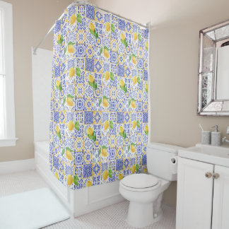 Cortina Para Box Azulejo de Aquarela Mediterrâneo Padrão de Limão