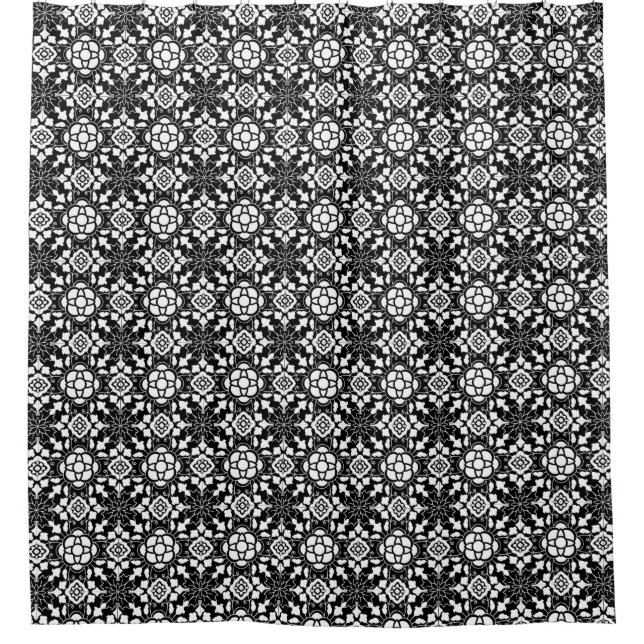 Cortina Para Box Azulejo Floral marroquino, Preto e Branco (Frente)