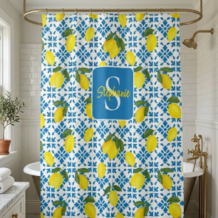 Cortina Para Box Azulejo Francês Azul Nome Monograma Padrão Limão