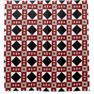 Cortina Para Box Azulejo geométrico em sabão vermelho, preto e bran