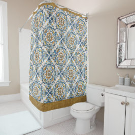 Cortina Para Box Azulejo Talavera Vietri Branco Dourado Azul aparên