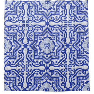 Cortina Para Box Azulejo Vintage, Estilo Cerâmico Rachado Azul
