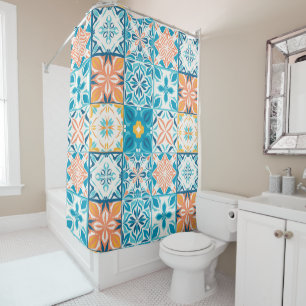 Cortina Para Box azulejos ornamentados em azul e laranja