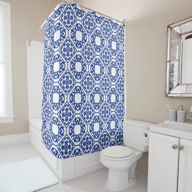 Cortina Para Box Azure Lattice Blue Geometric Floral Mediterranean (In Situ)